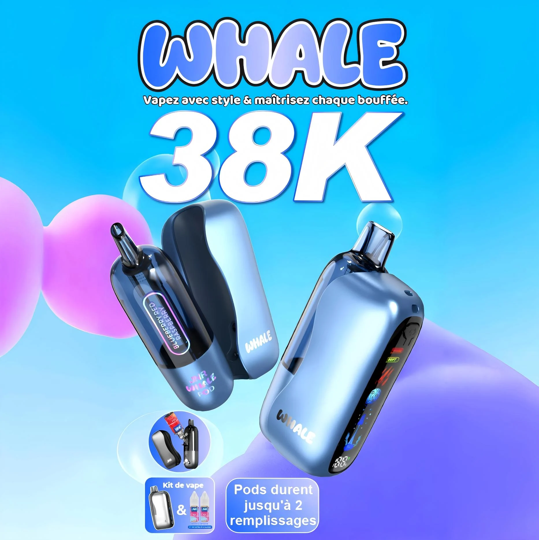 JNR Whale 38K Puffs - Kit Pod Pré-rempli et Rechargeable