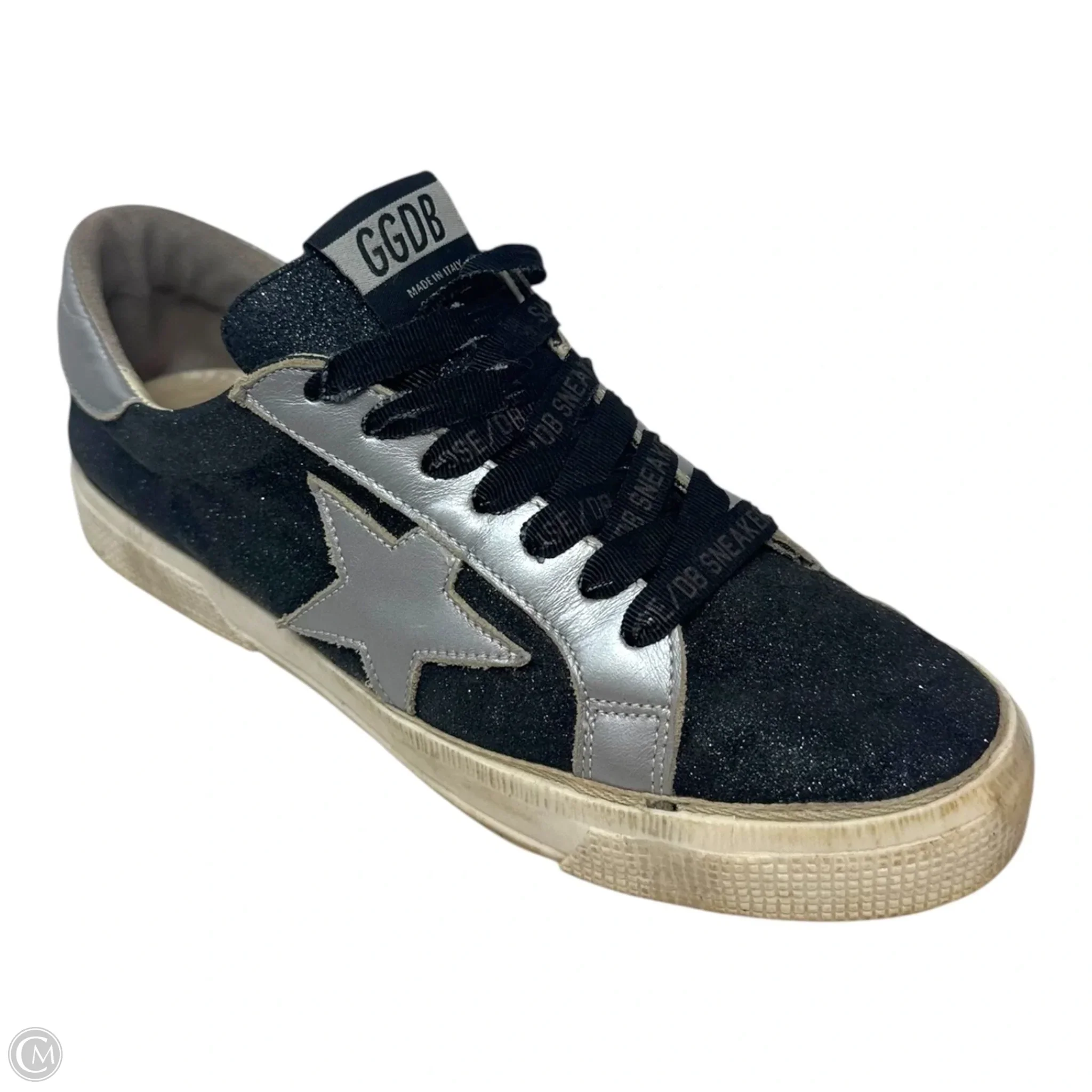May Glitter Sneaker Shoes Luxury Designer By Golden Goose In Black & Silver, Size: 7.5 (EU 38)