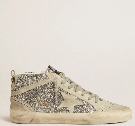 Mid Star in silver glitter with a star and comma in glace suede