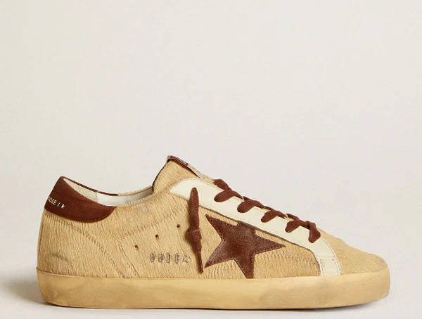 Super-Star Women in beige pony with a star and brown suede heel tab