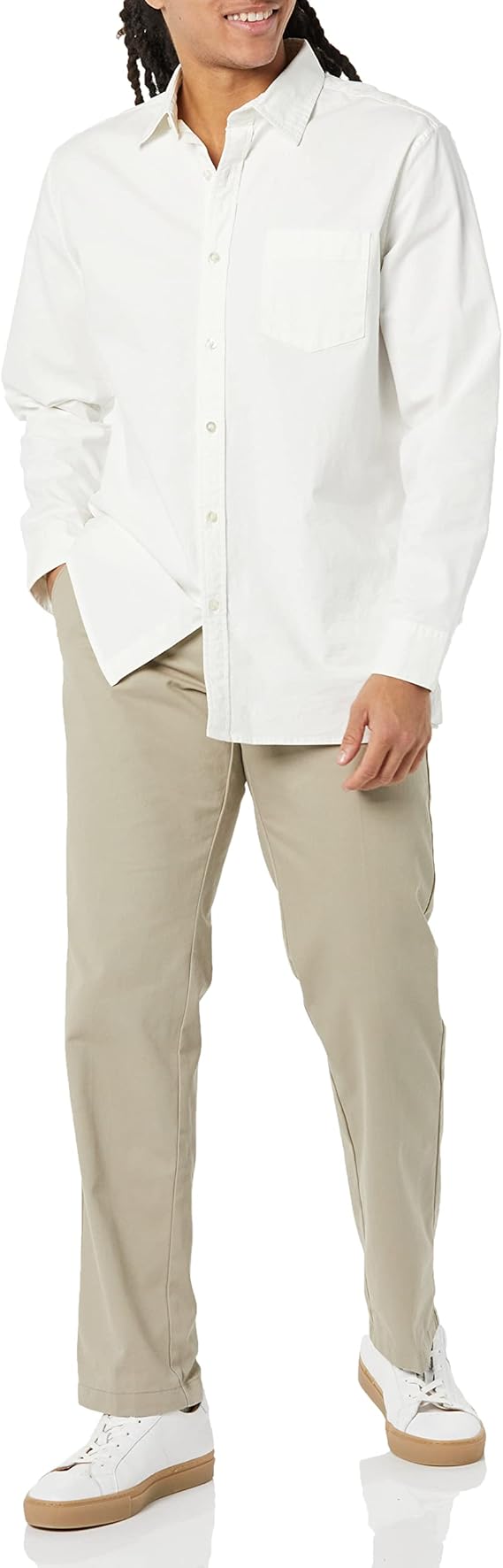 Men's straight-leg, slim-fit, wrinkle-resistant, plain weave twill cotton casual trousers