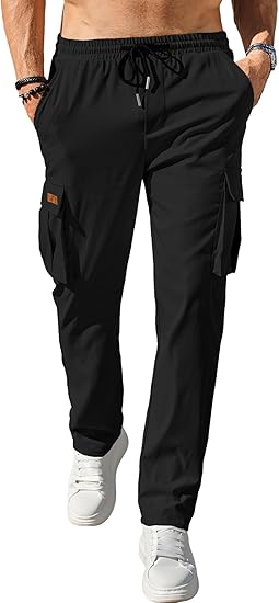 Men's casual work pants, jogging pants, stretchy athletic pants, hiking drawstring tactical pants with multiple pockets.