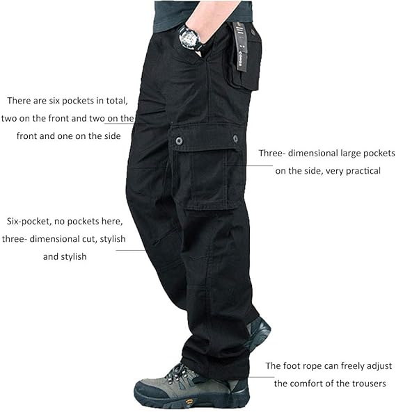 Men's lightweight work pants, hiking pants, military combat pants, casual pants, with 6 pockets.