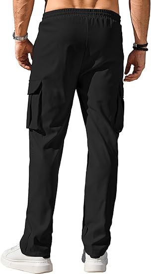 Men's casual work pants, jogging pants, stretchy athletic pants, hiking drawstring tactical pants with multiple pockets.