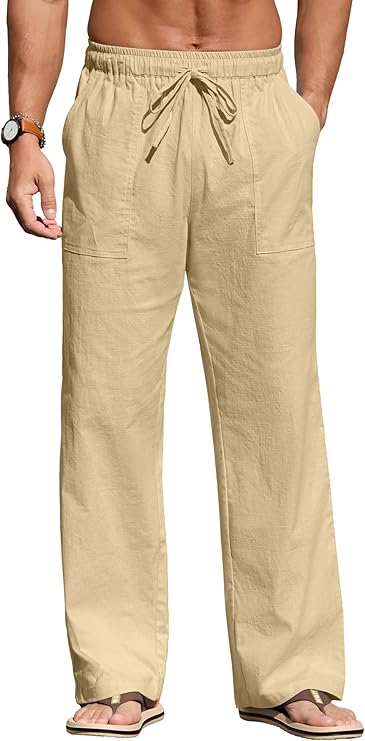 Men's casual linen trousers, loose fit for summer and beach wear, with elastic waistband and drawstring design, made from lightweight and breathable linen fabric.