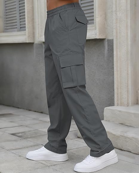 Men's work pants, casual athletic jogging pants, stretchy waist sweatpants, hiking and tactical pants with 6 pockets.