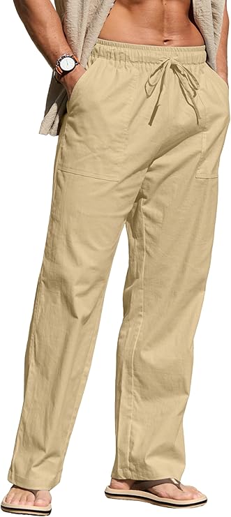 Men's casual linen trousers, loose fit for summer and beach wear, with elastic waistband and drawstring design, made from lightweight and breathable linen fabric.