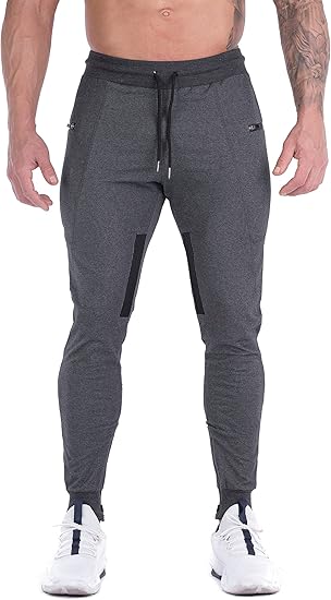 Men's athletic jogging pants, slim fit, suitable for fitness training, featuring mesh panels on the thighs and zippered pockets.
