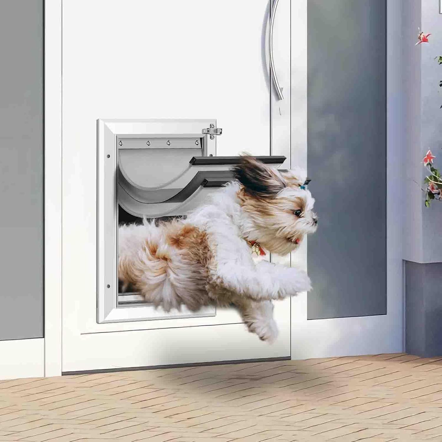 Three-panel heavy-duty pet door, with a rust-proof aluminum alloy frame, resistant to extreme weather conditions, effectively blocking wind, snow, and rain (silver white, large size, suitable for doors).