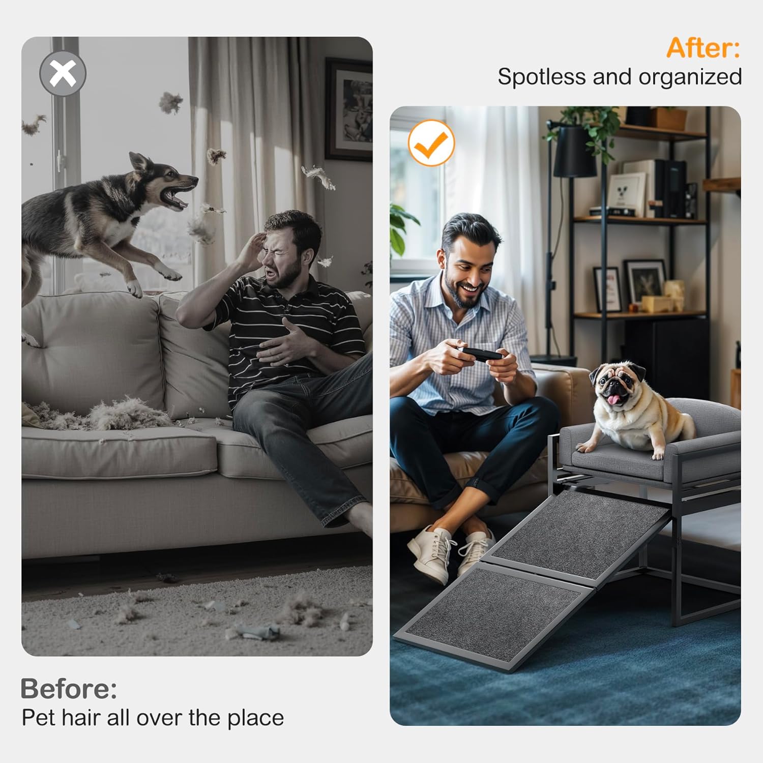 Non Slip Dog Ramp with Seat,Extra Wide Seat Mate Doggie Stairs,Metal Frame Puppy Chair for High Bed Couch Office,Dachshunds Ladder,Washable Cushion Pet Step for Small Old Pets,Cat Ladder Grey