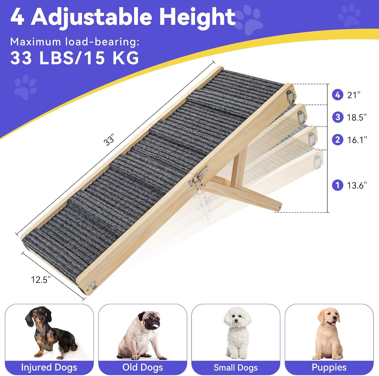 2025 Upgraded Dog Ramp for Couch, Foldable Small Dog Ramp for Sofa, 4 Adjustable Height from 13'' to 21