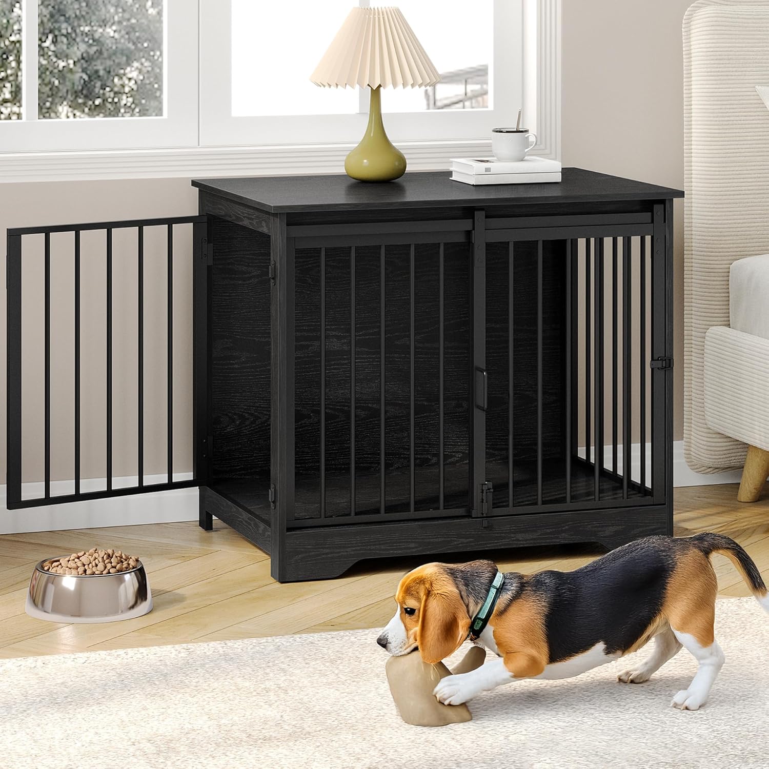 31.9-inch dog crate furniture with barn-style sliding doors, heavy-duty indoor dog cage, double-door design, wooden pet crate that doubles as a side table, suitable for small to medium-sized dogs weighing up to 44 pounds, chew-proof and escape-proof.