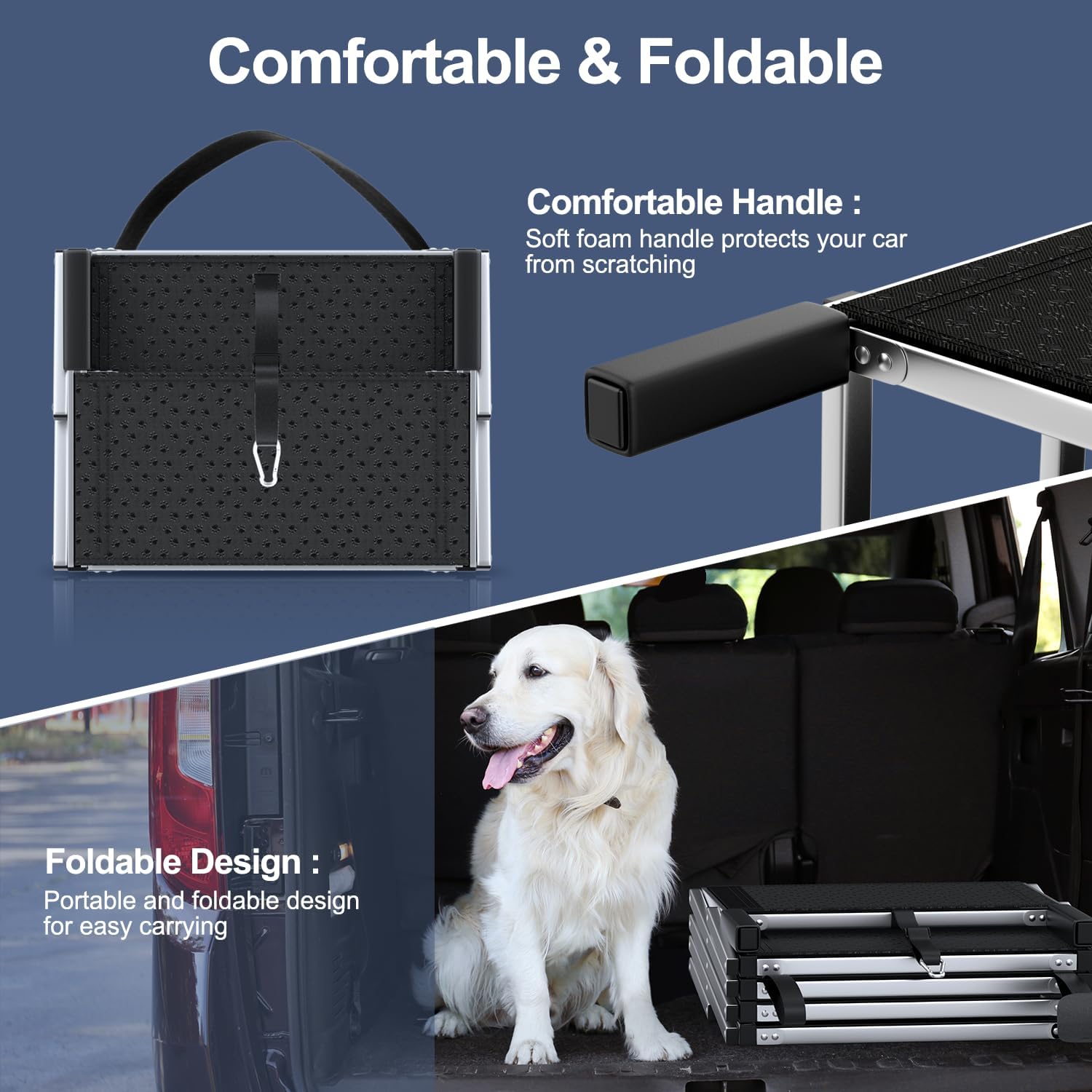 Extra-wide dog stairs, suitable for large dogs, foldable car ramp, non-slip surface, suitable for cars, high beds, and trucks, supports up to 250 pounds, 4 steps.