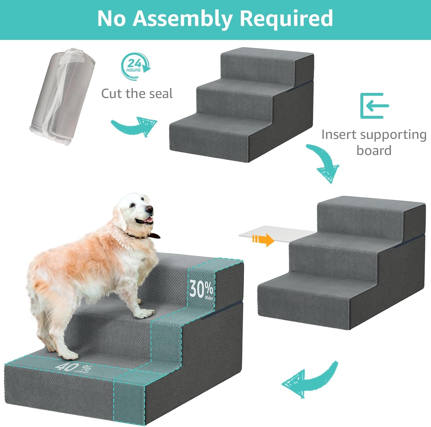Large Dog Elevated Bed Stairs - Extra-wide pet stairs, making it easy for large dogs to climb onto high beds, with 3 deep steps; can also be used as a ramp for cats to access sofas.