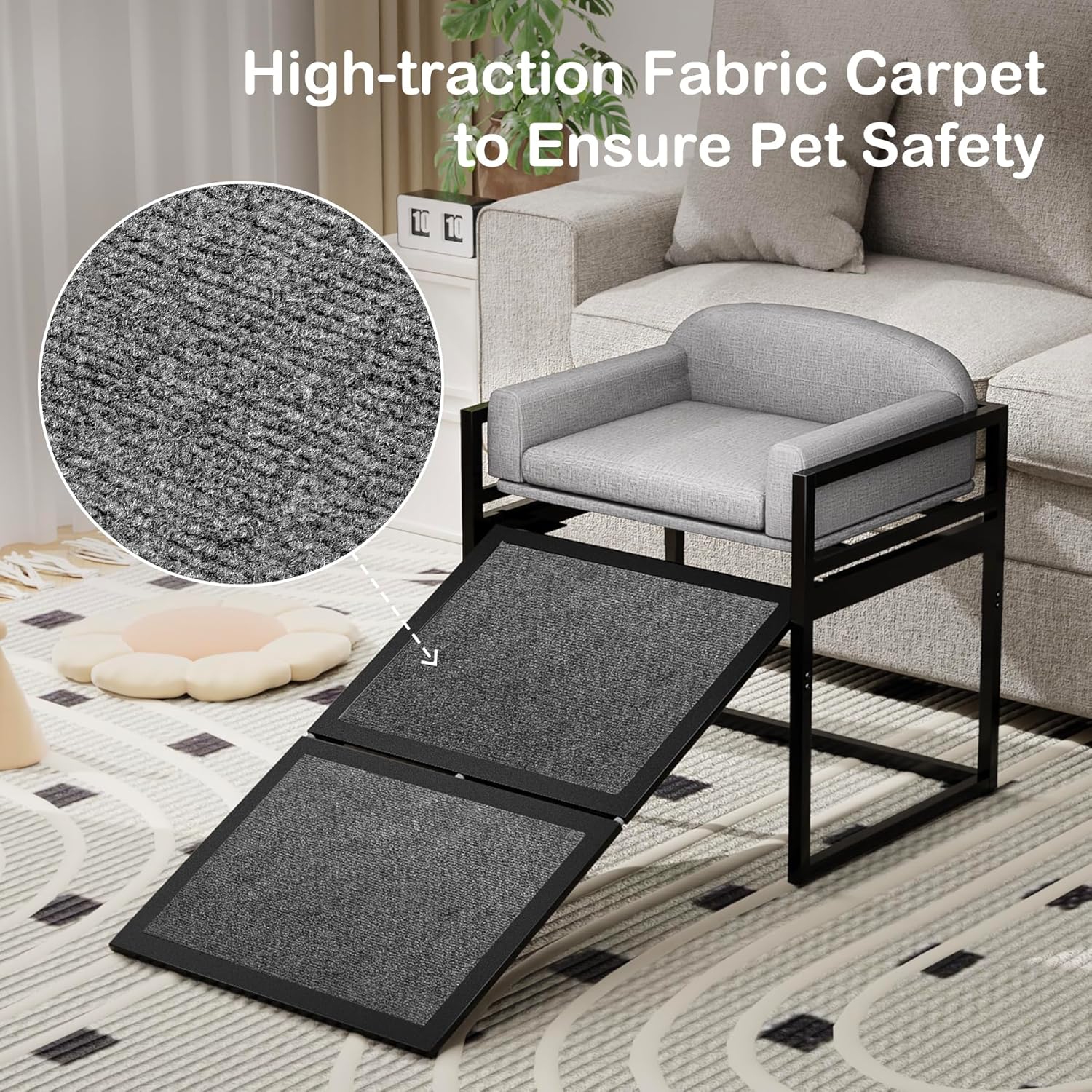 Non Slip Dog Ramp with Seat,Extra Wide Seat Mate Doggie Stairs,Metal Frame Puppy Chair for High Bed Couch Office,Dachshunds Ladder,Washable Cushion Pet Step for Small Old Pets,Cat Ladder Grey