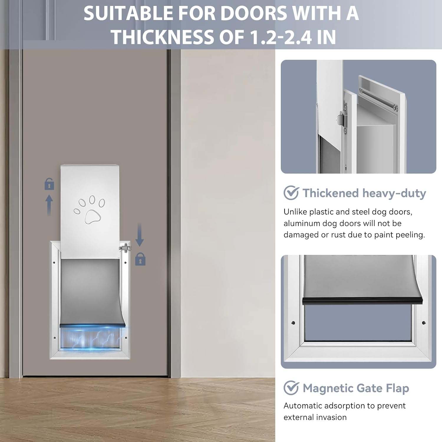Three-panel heavy-duty pet door, with a rust-proof aluminum alloy frame, resistant to extreme weather conditions, effectively blocking wind, snow, and rain (silver white, large size, suitable for doors).