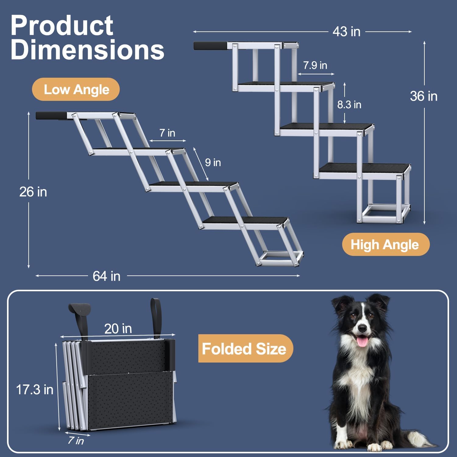 Extra-wide dog stairs, suitable for large dogs, foldable car ramp, non-slip surface, suitable for cars, high beds, and trucks, supports up to 250 pounds, 4 steps.