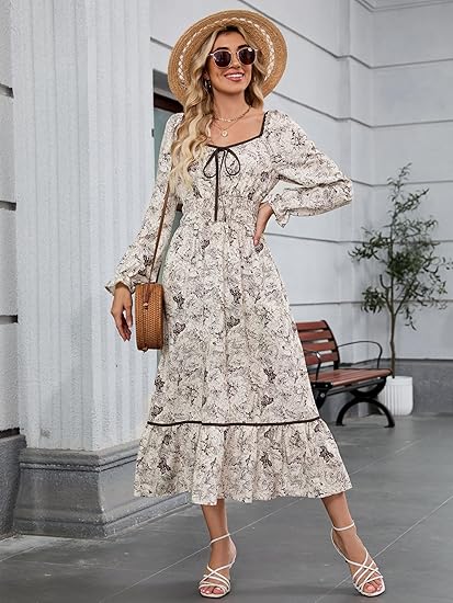 Women's 2025 Long Sleeve Square Neck Fall Boho Floral Midi Dress High Waist Flowy A Line Tiered Wedding Guest Dresses