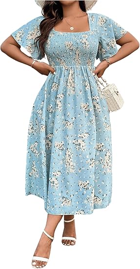 Women's Plus Size Floral Square Neck Flounce Short Sleeve A Line Maxi Dress