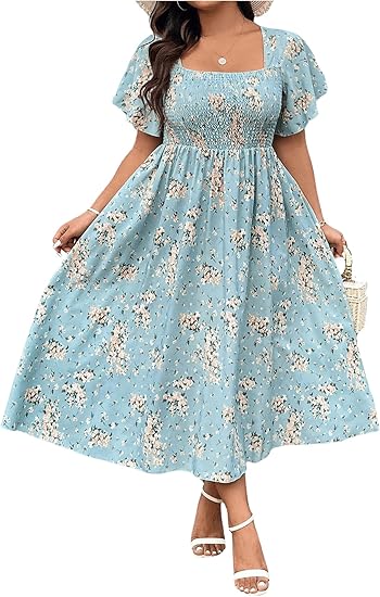 Women's Plus Size Floral Square Neck Flounce Short Sleeve A Line Maxi Dress