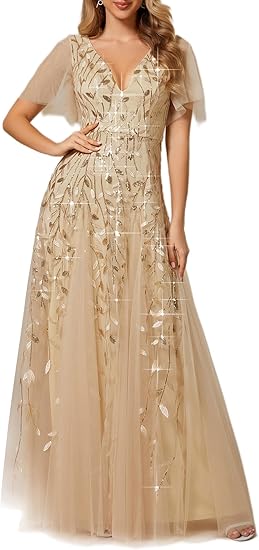 Women's Sequin Sparkly V-Neck Short Sleeve A-Line Floor Length Formal Evening Dress