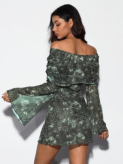 Women's 70s Vintage Floral Off The Shoulder Dress Foldover Long Sleeve Bodycon Mini Dress