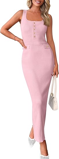Women's 2025 Summer Bodycon Maxi Dresses Sleeveless Buttons Knit Spring Elegant Wedding Guest Cocktail Dress