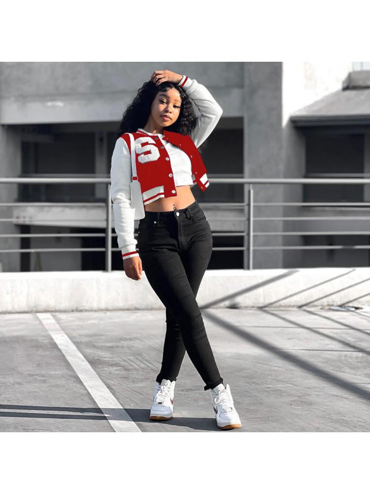 Contrast Color Letter Patchwork Baseball Jacket