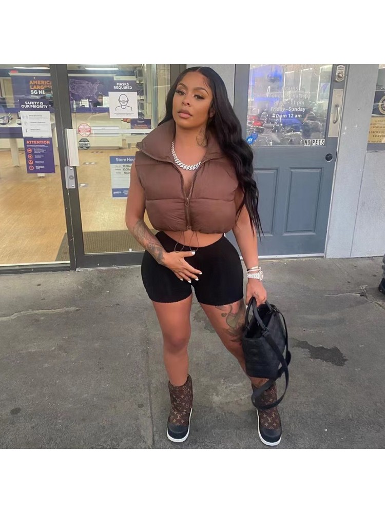 Drawstring Sleeveless Cropped Padded Vest