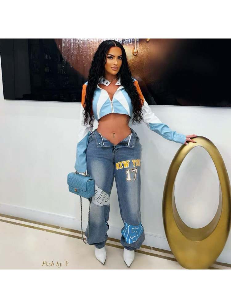 Colorblock PU Zipper Cropped Jackets