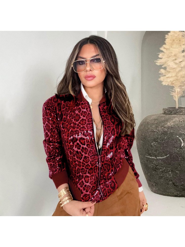 Leopard Sequin Loose Zipper Jackets