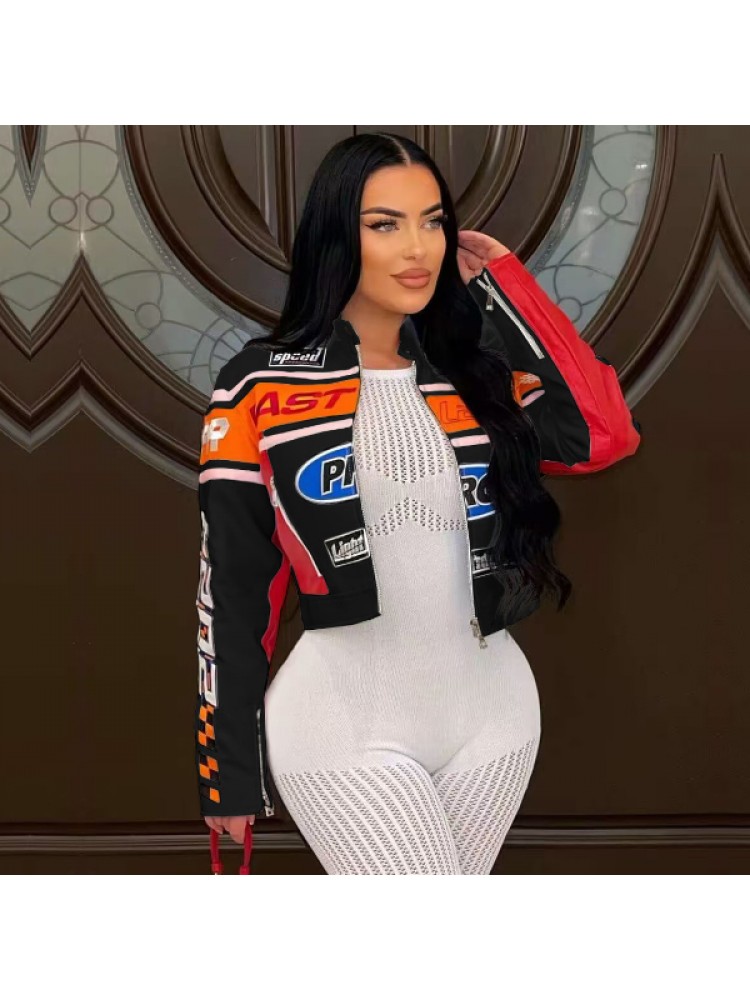 Racer Stand Collar Zipper Cropped Jackets