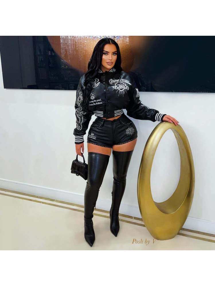 Embroidery Striped Trim PU Bomber Jacket