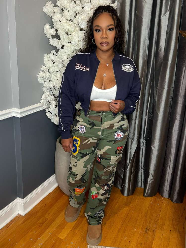 Letter Embroidery Cropped Line Bomber Jacket