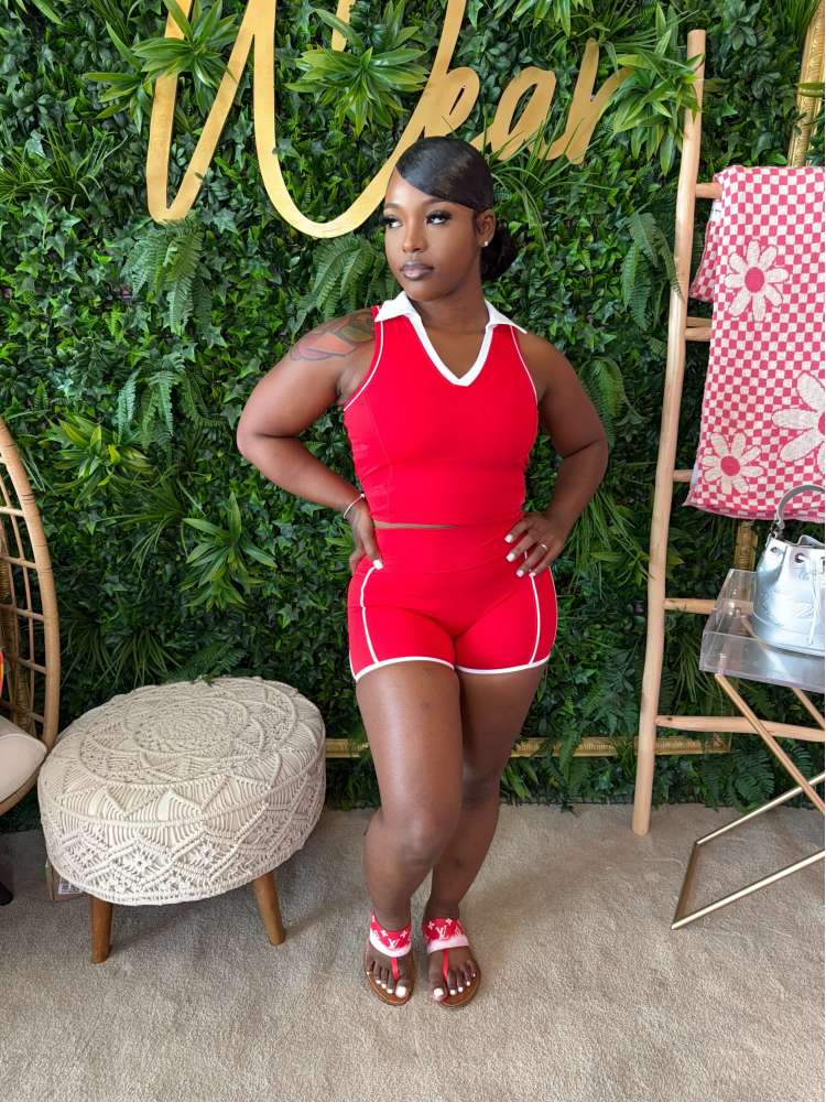 Colorblock V Neck Lapel Cropped Short Sets