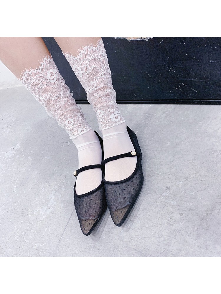 Pure Color Lace Detail Bow Ankle Socks