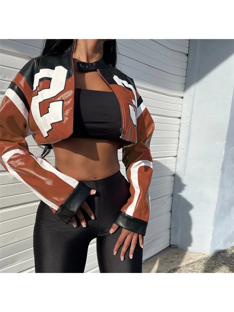 Colorblock Embroidery PU Cropped Jackets