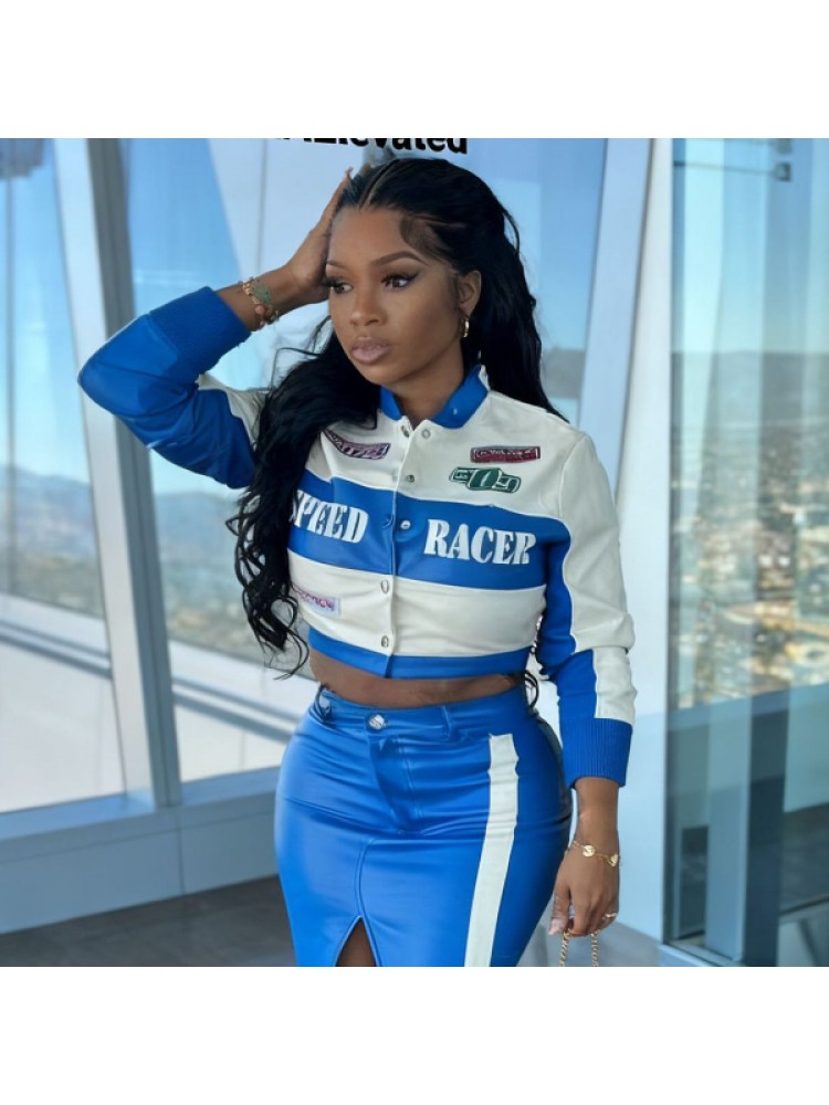 Colorblock Letter Print Cropped Peacoat