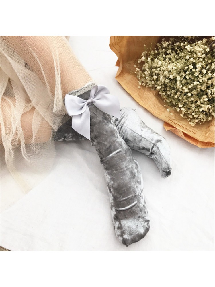 Plain Color Ribbon Bow Fluff Ankle Socks