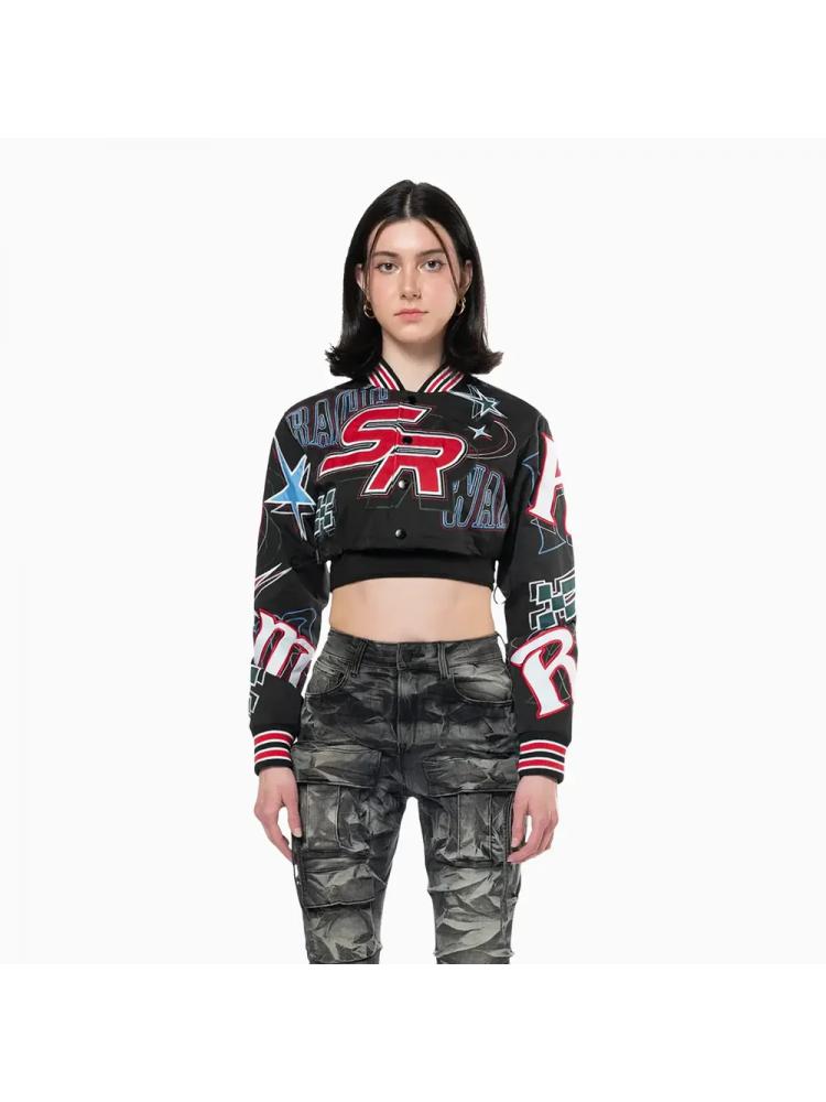 Embroidery Clasp Bare Waist Bomber Jacket