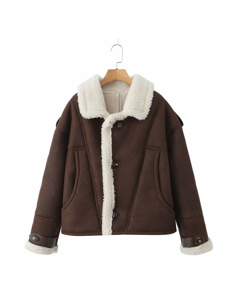 Fluffy Solid Color Long Sleeve Micro Suede Bounding With Lamb Fur Winter Coats