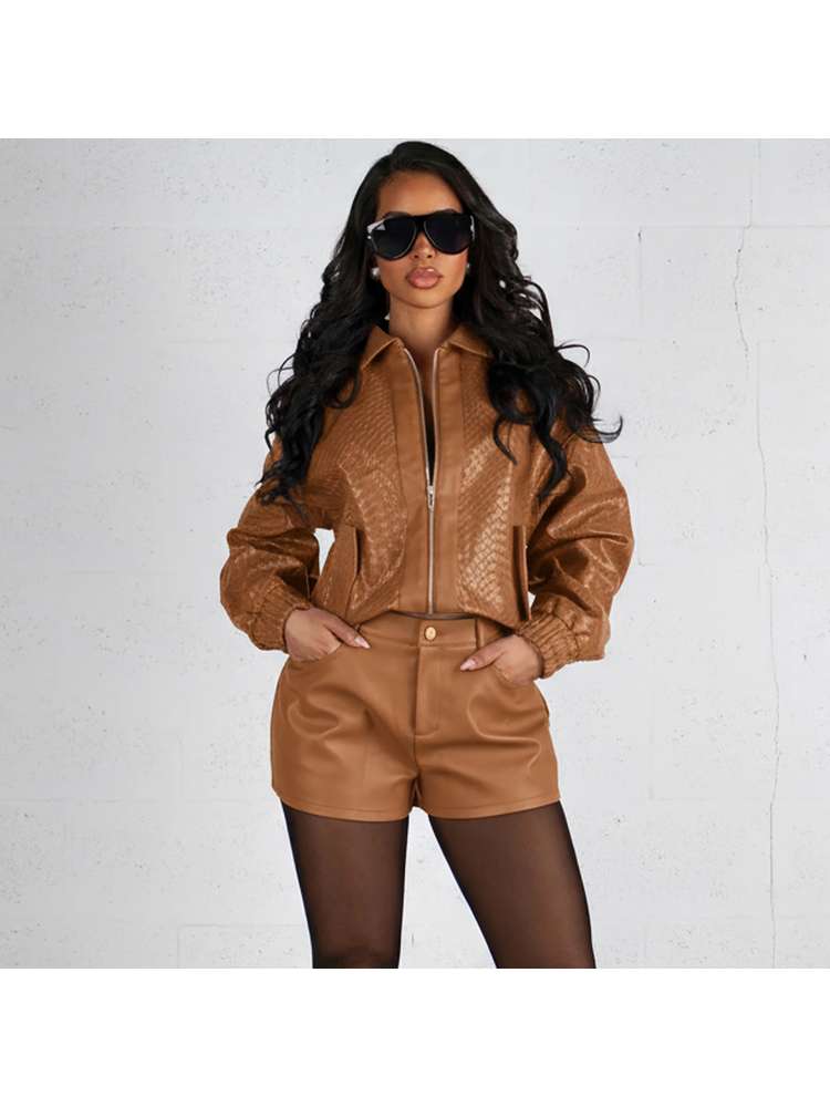 Woven PU Zipper Lapel Cropped Jackets