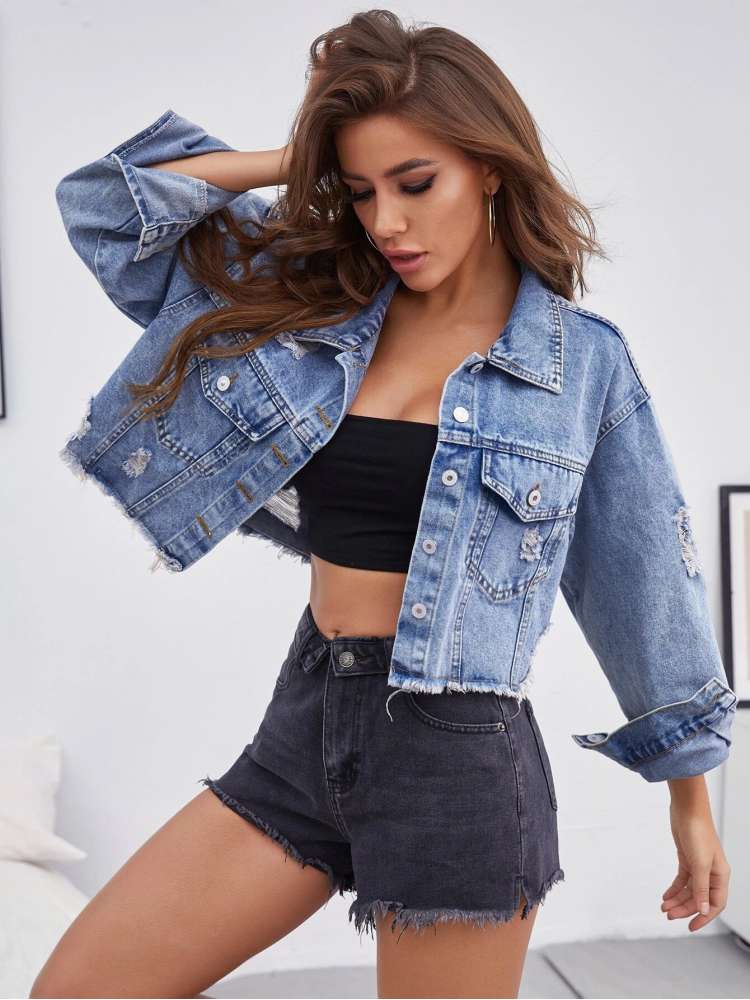 Raged Hem Single Breasted Denim Jackets