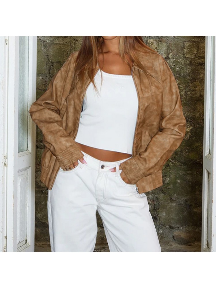 Pure Color Distressed Loose PU Jackets