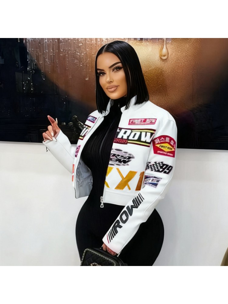 Letter Printed Zipper PU Bomber Jacket