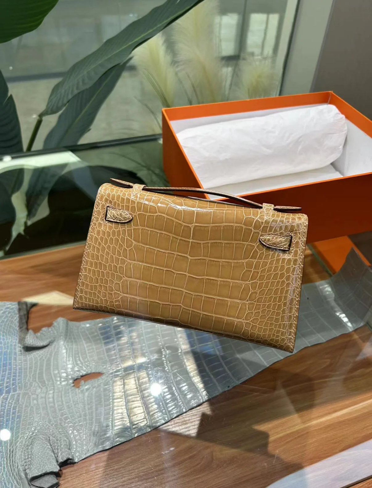 Kelly mini 1,ginger yellow glossy crocodile leather silver hardware custom - Artisantouchss