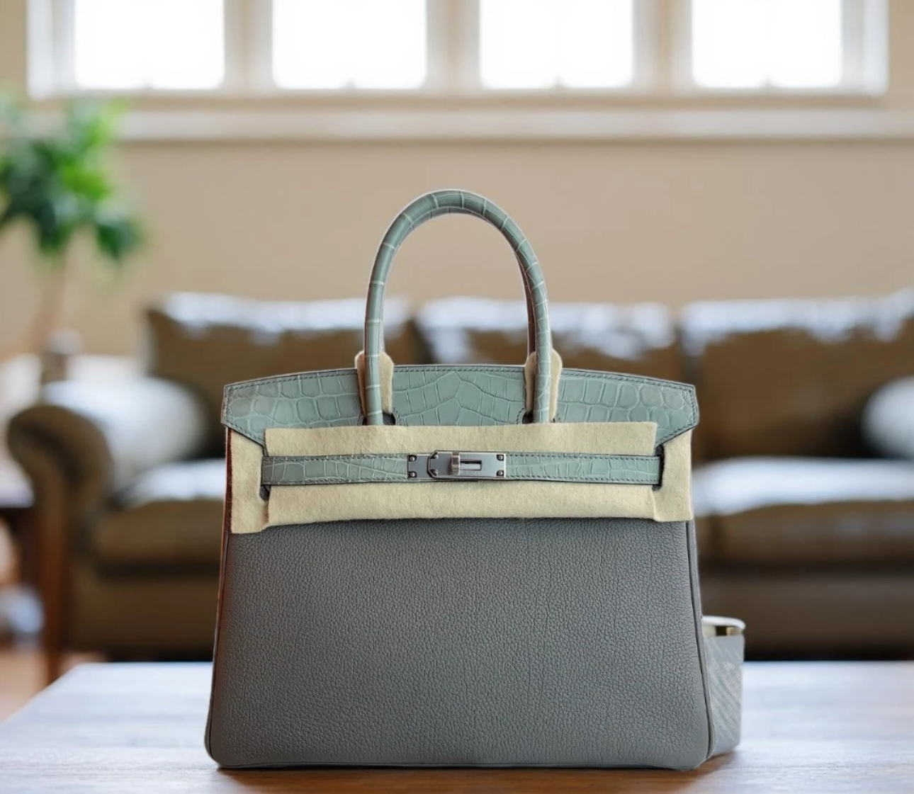 Birkin Bag 25-35 TOGO Grey Crocodile Leather Customized - Artisantouchss