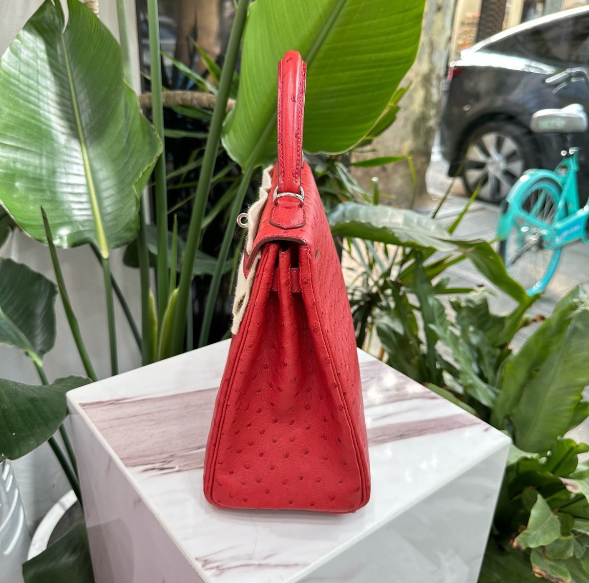 Strawberry Red Kelly 28 Ostrich Leather Gold Buckle Customizable - Artisantouchss