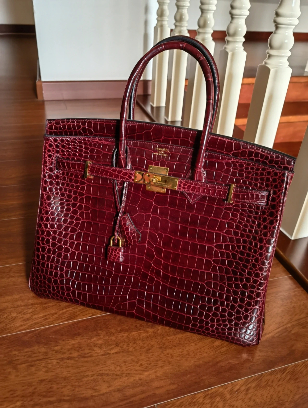 Birkin 35 inverted V red hand-made custom crocodile leather - Artisantouchss