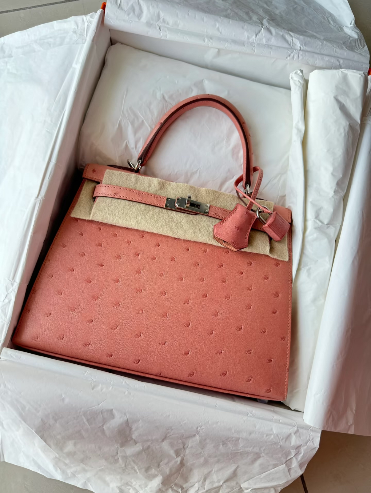 Kelly 25-28 Ceramic Pink Ostrich Leather Custom Silver buckle - Artisantouchss